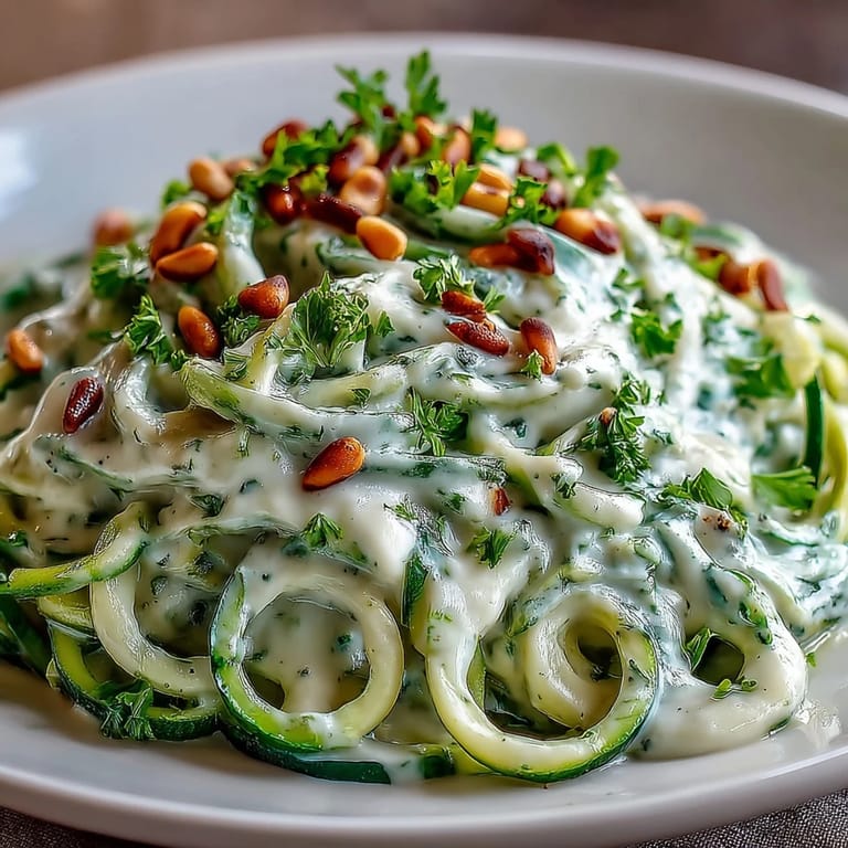 A close-up of Vegan Cashew Alfredo over green zucchini noodles, garnished with pine nuts and parsley.