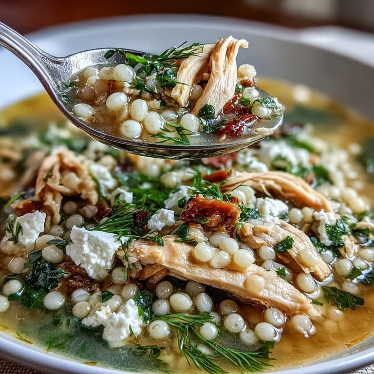 Tender chicken and pearl couscous simmered with vegetables and lemon, topped with creamy feta crumbles and fresh dill for a comforting meal.  