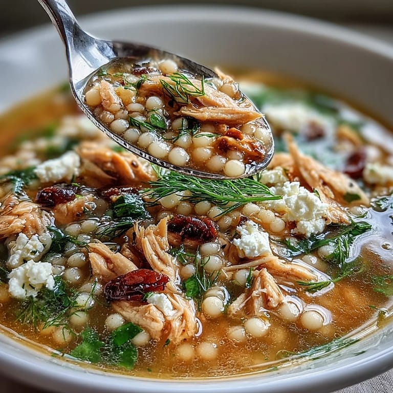 Bright and zesty Greek chicken soup with pearl couscous, shredded chicken, and a tangy lemon finish, garnished with fresh herbs and feta.