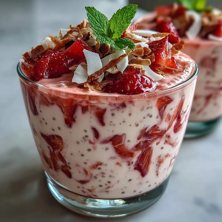 A vibrant, vegan-friendly chia pudding layered with strawberry puree, perfect for a healthy breakfast or snack.  