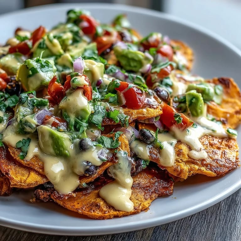 Vibrant platter of sweet potato nachos with black beans, fresh veggies, and smooth cashew queso for a flavorful plant-based appetizer.