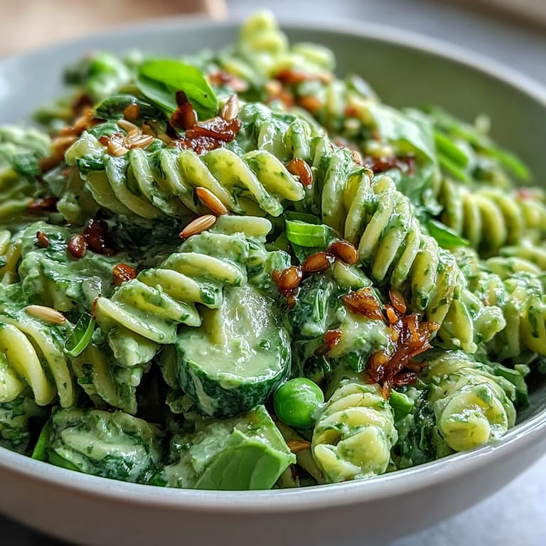 Bright green goddess pasta salad featuring tender peas, crisp radishes, and fresh basil, perfect for picnics and summer gatherings.  