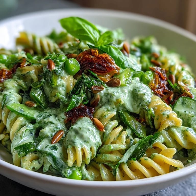 Flavorful vegan pasta salad with creamy green goddess dressing, packed with herbs, peas, and colorful veggies for a satisfying plant-based dish.