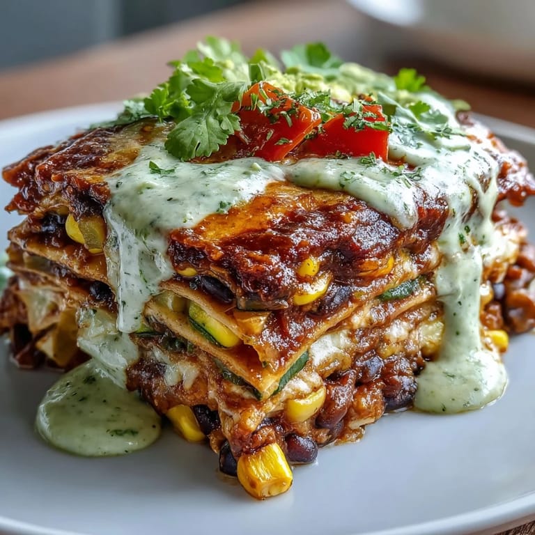 Hearty vegan casserole filled with black beans, zucchini, and corn, smothered in enchilada sauce and finished with a smooth avocado-lime drizzle.