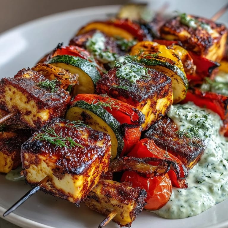 Mediterranean-inspired halloumi and vegetable skewers, smoky from the grill and paired with creamy herb yogurt sauce for a vibrant, healthy dish.