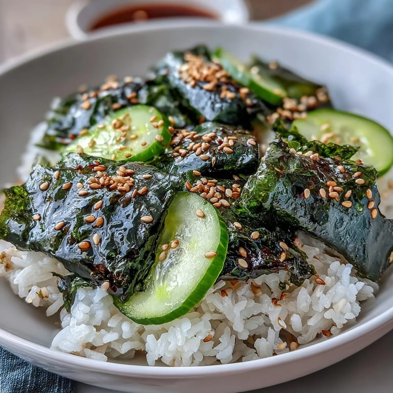 Enjoy a wholesome Seaweed & Nori Rice Bowl topped with furikake, pickled ginger, and soy sauce for a satisfying vegetarian lunch.