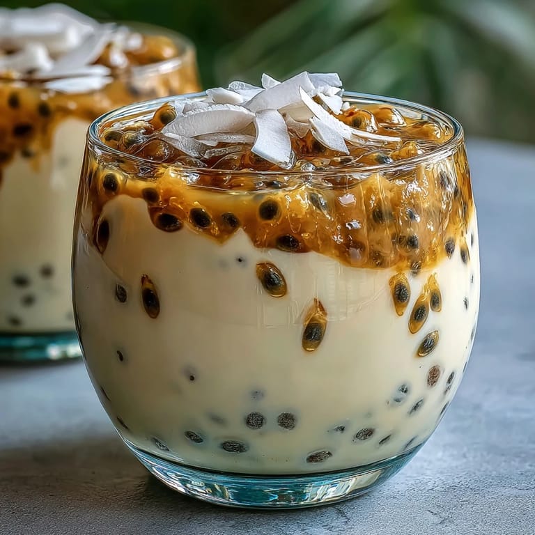 Refreshing vegan chia pudding layered with vibrant passionfruit sauce and shredded coconut, offering a light and healthy dessert option.