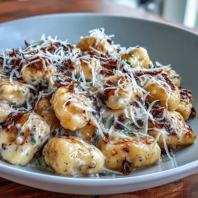 Golden gnocchi glistening in rich black truffle butter sauce, topped with fresh Parmesan and herbs.  