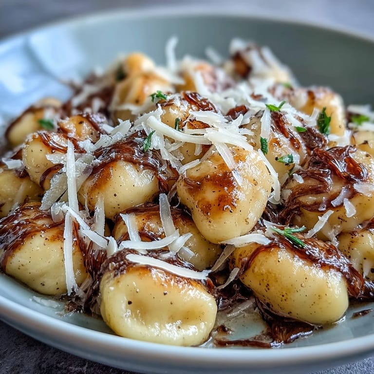 Elegant truffle-butter gnocchi dish featuring pillowy dumplings in a glossy butter sauce with shaved cheese.