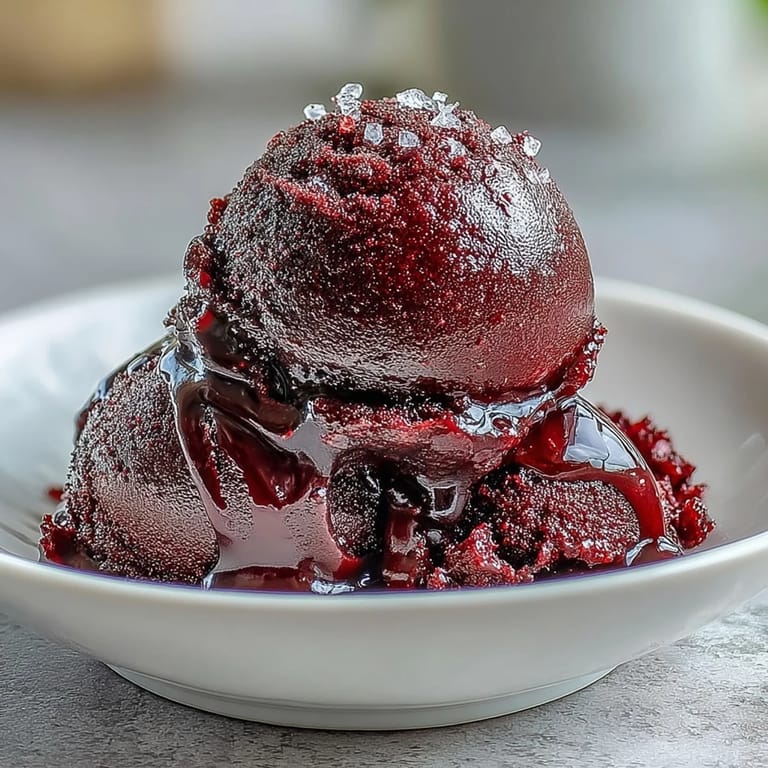 Elegant Black Currant & Gin Sorbet scooped into a coupe glass, showcasing its vibrant deep purple color and refreshing, botanical flavor.