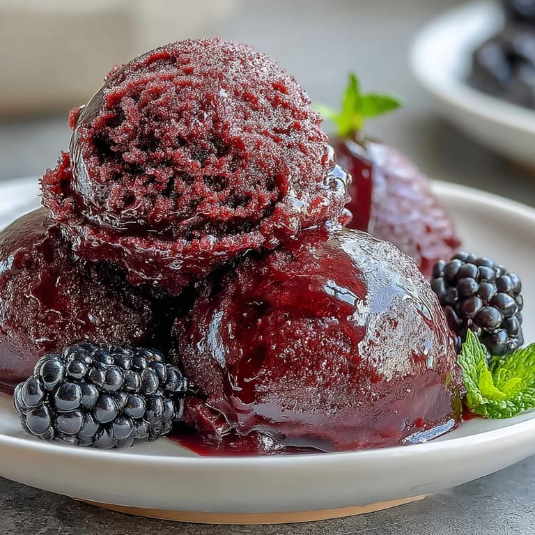 A scoop of Black Currant & Gin Sorbet served alongside lemon cookies, blending fruity tartness with sophisticated gin notes for a modern European treat.