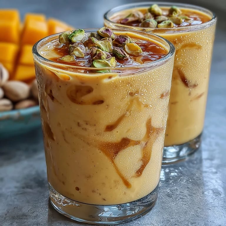 A refreshing Indian mango lassi drink made with fresh mango, yogurt, and honey, garnished with a pinch of cardamom.  
