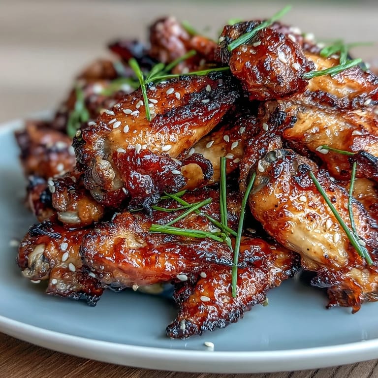Tender air fryer chicken wings tossed in a savory-sweet Asian honey garlic glaze, topped with toasted sesame seeds for crunch.