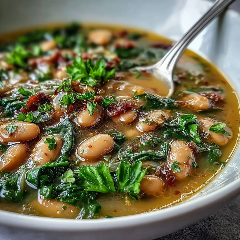 Creamy vegan Tuscan soup filled with cannellini beans, fresh spinach, and aromatic rosemary.  