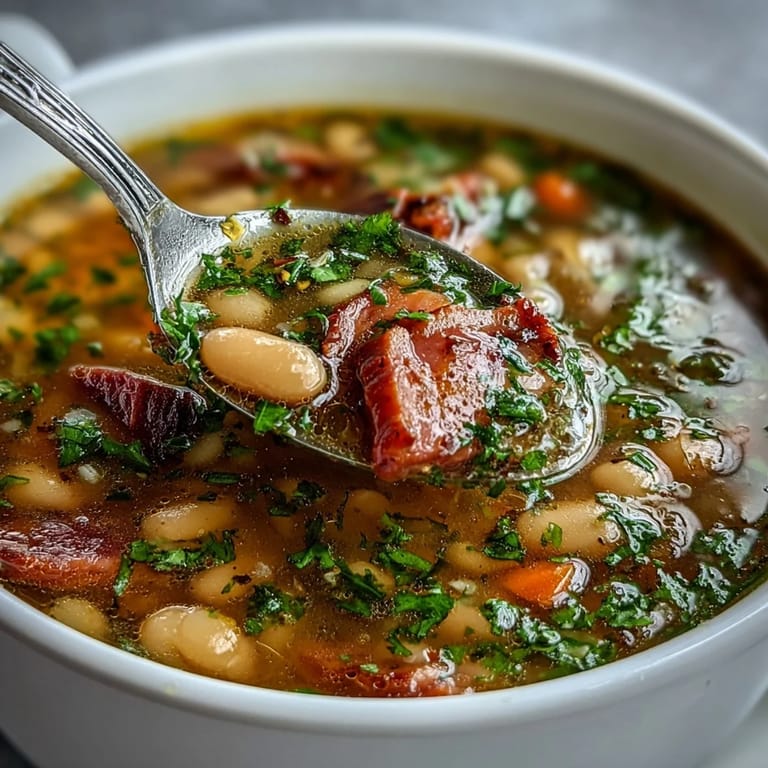 Rich and hearty Ham and Great Northern Bean Soup with slow-cooked vegetables, aromatic herbs, and a comforting broth, ideal for chilly evenings.