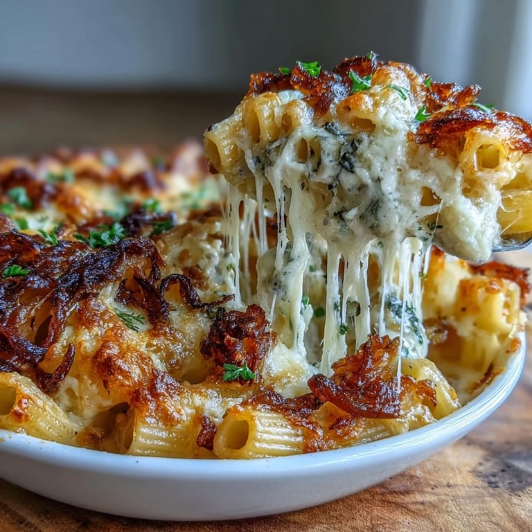 A cheesy French onion soup pasta bake topped with bubbly Gruyère, rich caramelized onions, and fresh thyme.  
