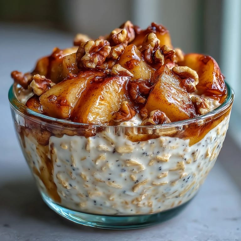 Rich and creamy overnight oats swirled with caramelized cinnamon apples and nutty walnuts, perfect for a healthy, filling breakfast.