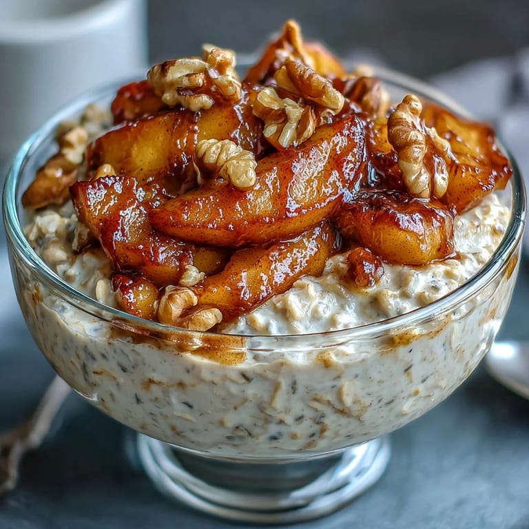 Hearty oats topped with warm cinnamon apples, toasted walnuts, and a drizzle of maple syrup for a cozy morning treat.