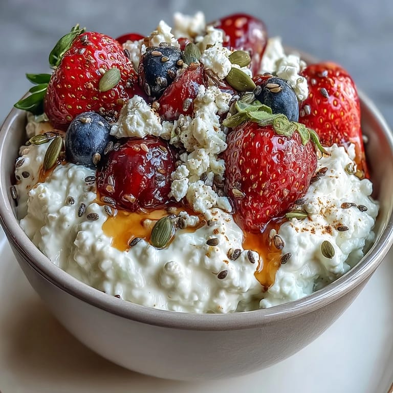 Vibrant berries and seeds scattered over a bowl of cottage cheese for a protein-rich morning meal.  