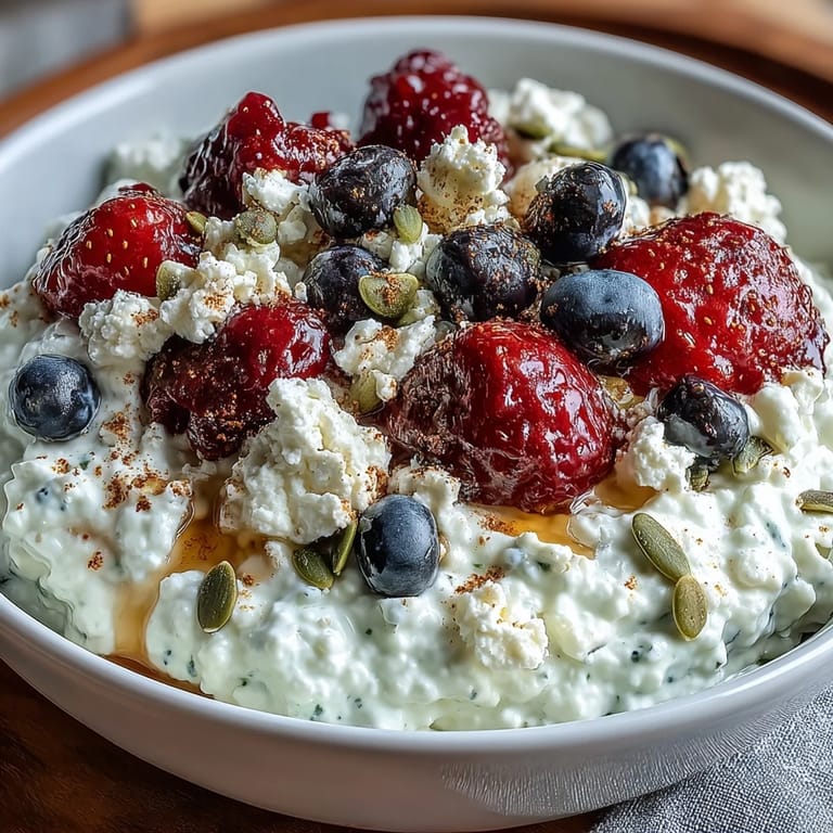 Wholesome cottage cheese breakfast bowl with colorful berries and crunchy seeds, perfect for a nutritious day.