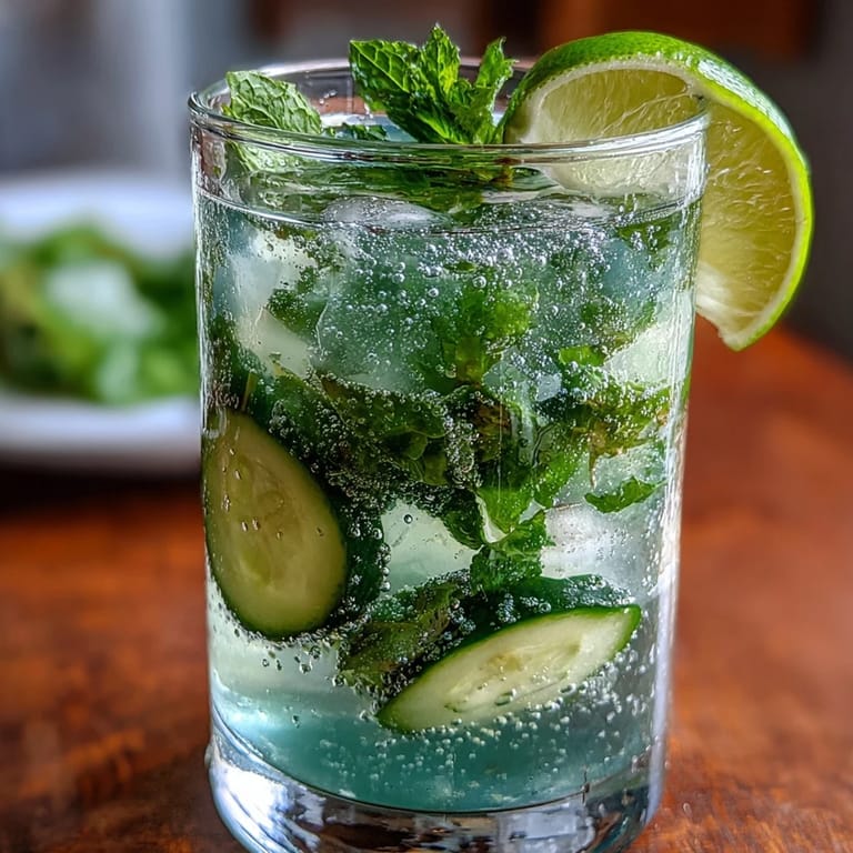 Refreshing cucumber mint sparkling water refresher served over ice with lime garnish and mint sprigs.  