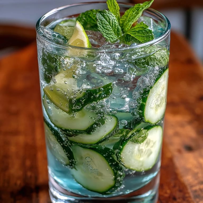 Vibrant cucumber mint sparkling water refresher with muddled cucumber and mint, perfect for hot summer days.