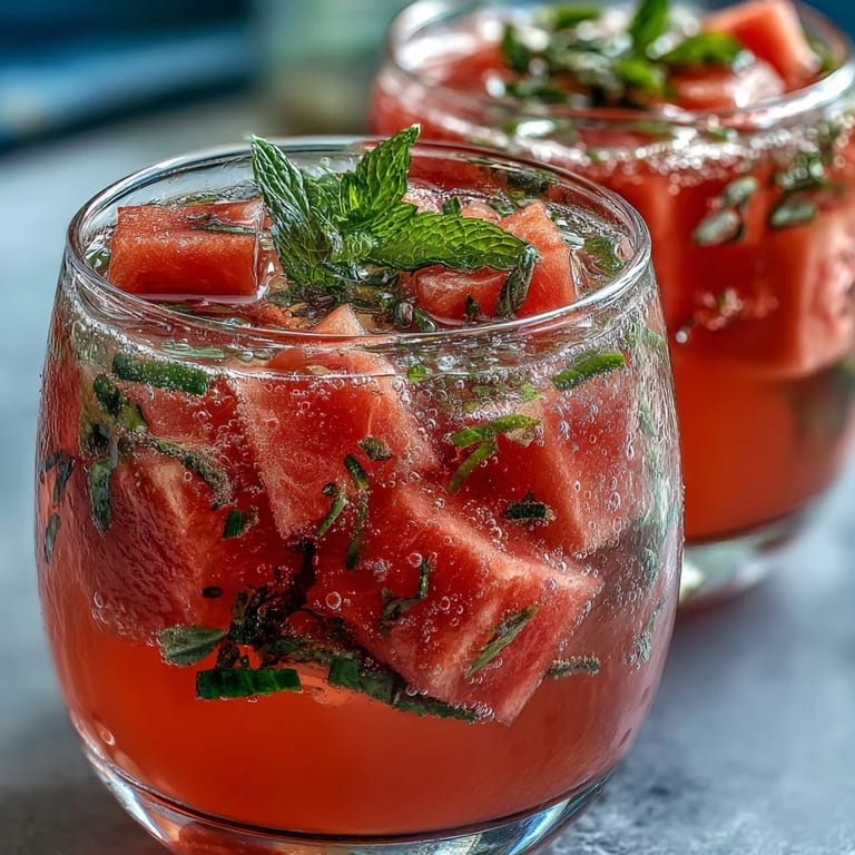 Refreshing Watermelon Mint Infused Water served over ice, garnished with mint sprigs for a vibrant drink.  