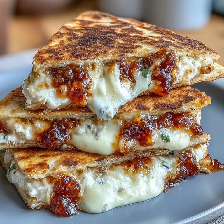 Two flour tortillas stuffed with creamy goat cheese and chili jam, pan-fried until golden and bubbling with flavor.  