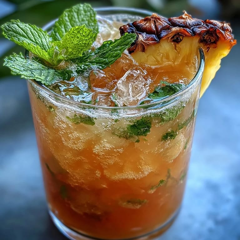 A refreshing non-alcoholic Pineapple Ginger Fizz served over ice, featuring fresh pineapple and zesty ginger.