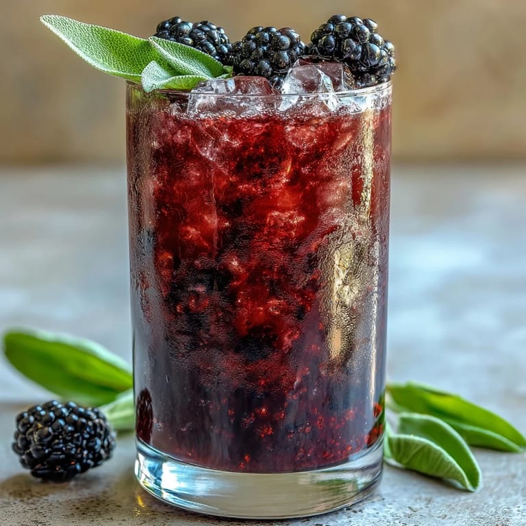 Vibrant non-alcoholic drink featuring muddled blackberries, sage, and citrus, served over sparkling water and crushed ice.