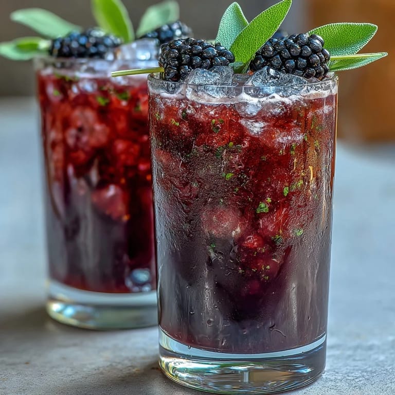 Colorful summer mocktail with fresh blackberries, sage leaves, and lemon, topped with fizzy sparkling water and ice.