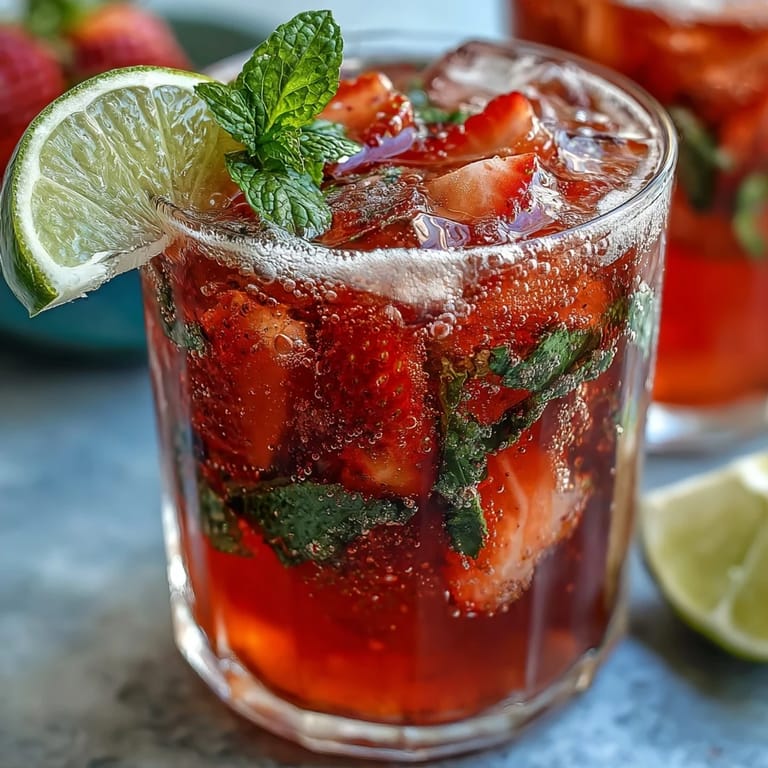 Refreshing non-alcoholic strawberry drink with muddled berries, lemon, and sparkling water.  