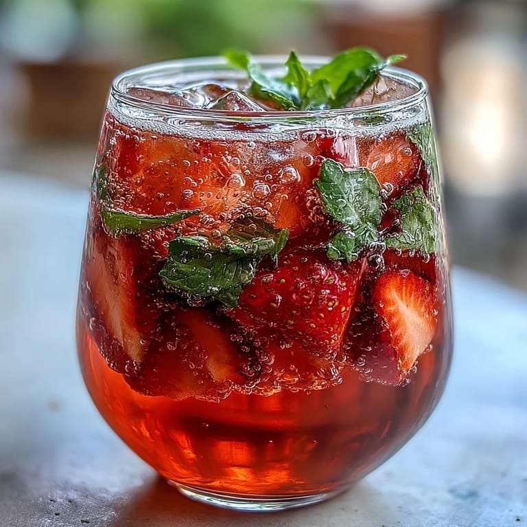 Chilled strawberry mocktail garnished with mint and citrus slices, perfect for spring.