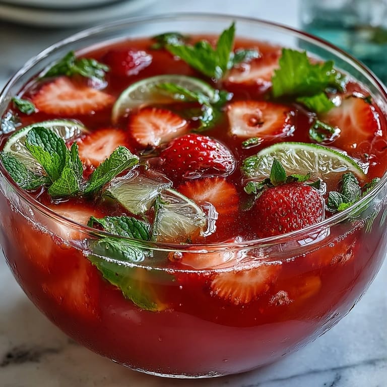 Refreshing strawberry daiquiri punch bowl with chilled frozen strawberries and mint garnish for festive gatherings.