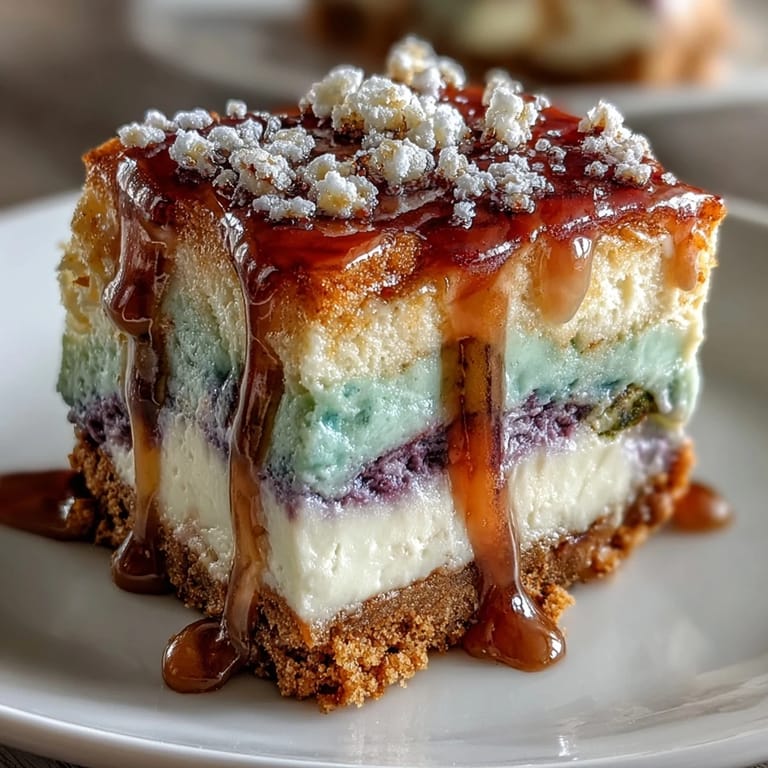 Swirled King Cake Cheesecake Bars with Mardi Gras colors, drizzled with icing and topped with sanding sugar.