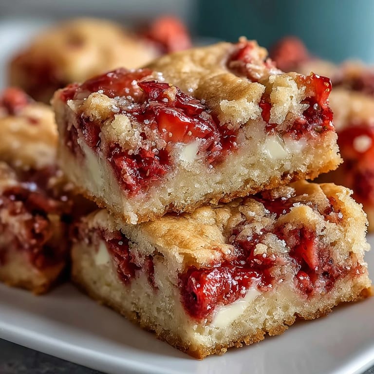 Fresh strawberry cookie bars loaded with white chocolate chunks, perfect for spring and summer dessert spreads.
