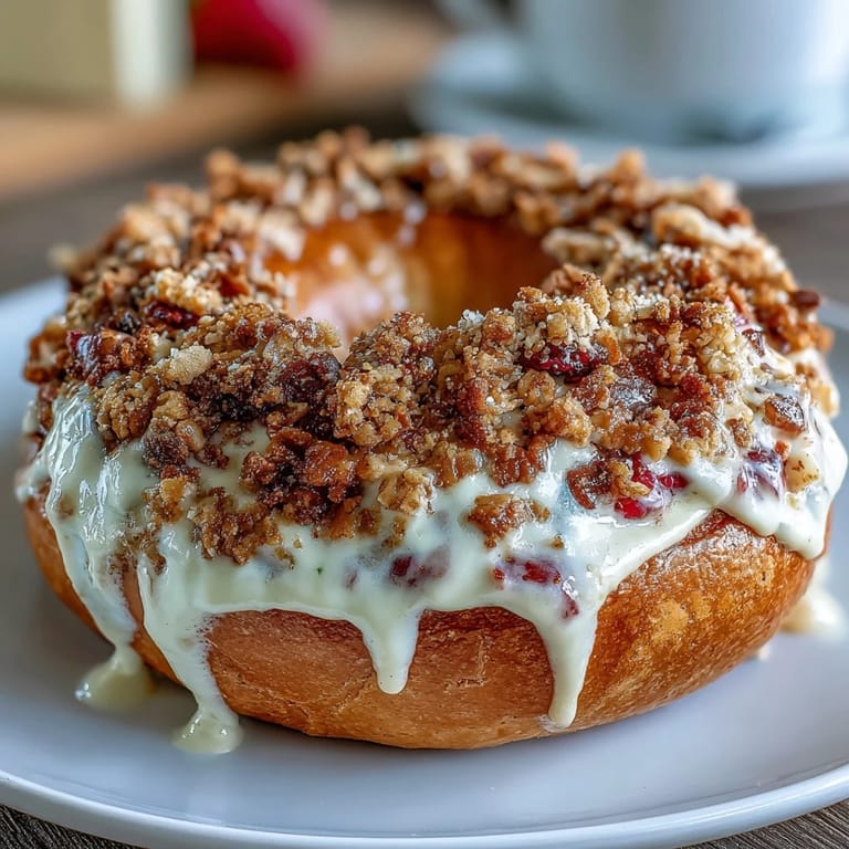 High-protein strawberry bagels filled with cheesecake swirl and crunchy oat crumble, perfect for a healthy breakfast or snack.
