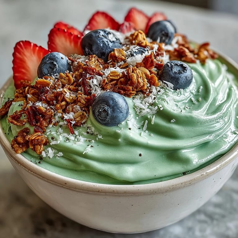 Creamy matcha-infused smoothie bowl topped with vibrant strawberries, blueberries, and crunchy granola for a refreshing breakfast