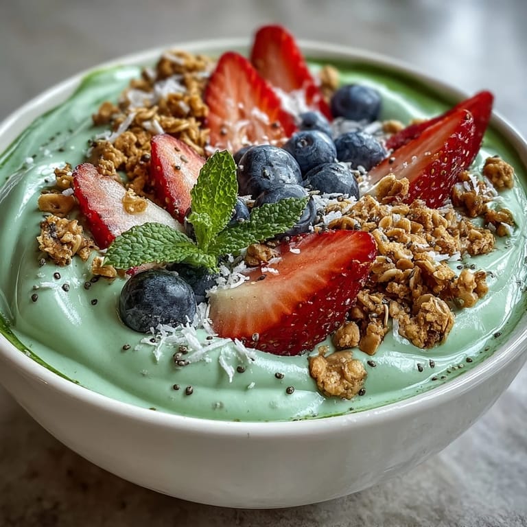 Vibrant Matcha Smoothie Bowl featuring tangy yogurt, fresh fruit, and crunchy toppings for a nourishing, colorful meal