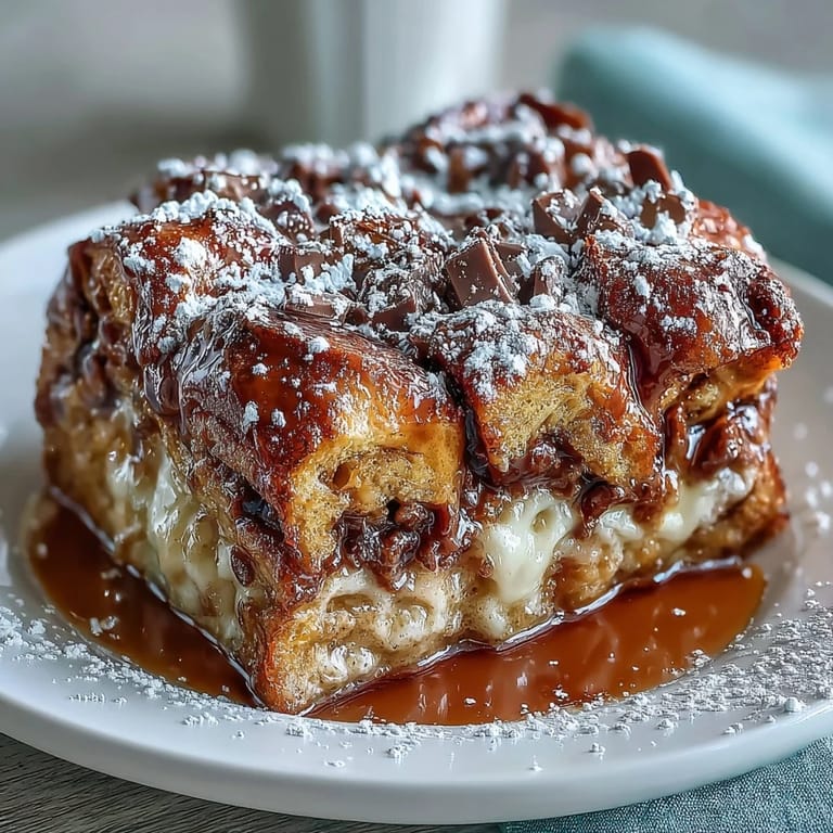Warm and gooey chocolate croissant bread pudding, golden brown and dusted with powdered sugar for a cozy brunch treat.