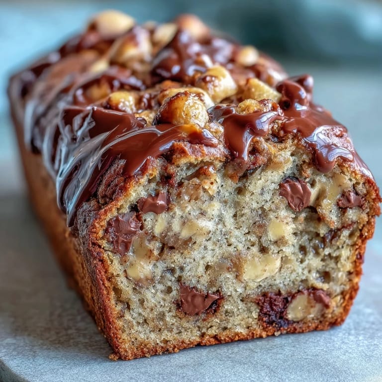 Moist banana bread loaded with gooey chocolate chips and chopped peanut butter cups, topped with a golden crust and rich peanut butter drizzle.