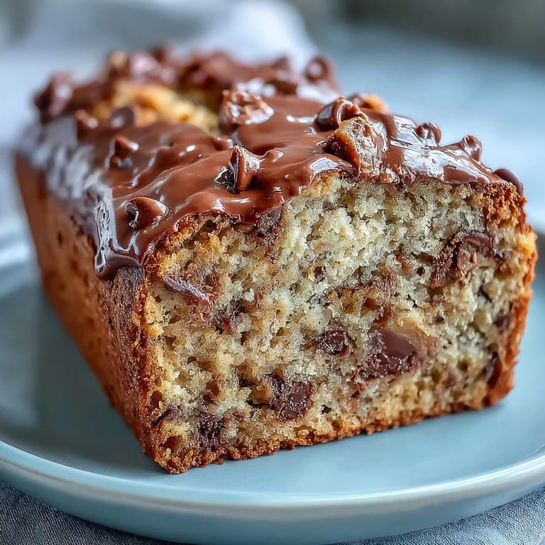 Swirled banana bread loaf featuring pockets of melted chocolate chips and peanut butter cups, baked to perfection for a sweet comfort treat.