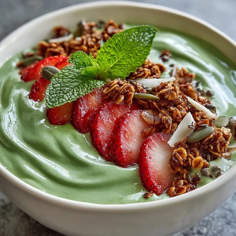 Creamy matcha-infused smoothie bowl blended with strawberries and banana, garnished with coconut flakes, pumpkin seeds, and mint for extra flavor.  