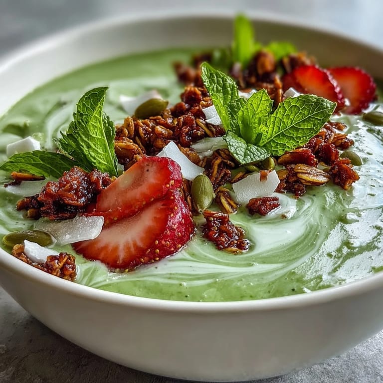 Refreshing strawberry and matcha smoothie bowl with Greek yogurt, served with a colorful mix of fresh fruit and crunchy toppings.