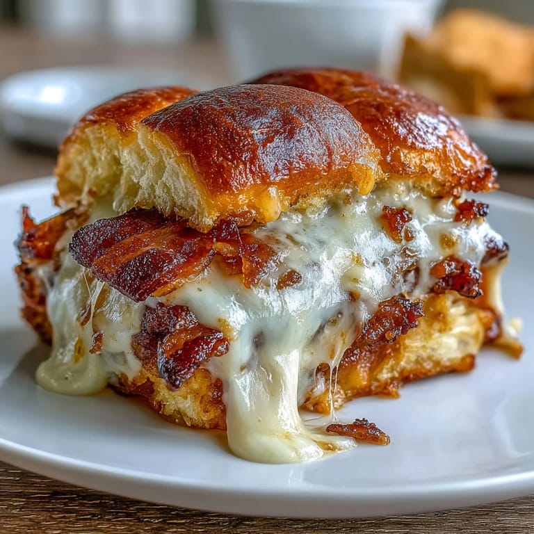 Golden-baked Derby Day Hot Brown sliders filled with turkey, bacon, tomatoes, and rich cheese sauce, served warm for festive gatherings.