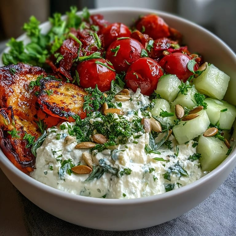 Creamy cottage cheese topped with crisp cherry tomatoes, cucumber, and bell peppers for a refreshing morning meal.  