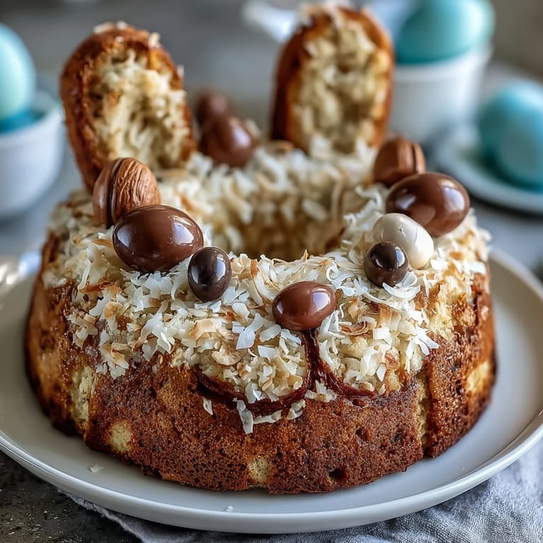 Delightful vanilla layer cake frosted with creamy coconut icing, adorned with jelly beans and marshmallows for a charming Easter dessert centerpiece.  