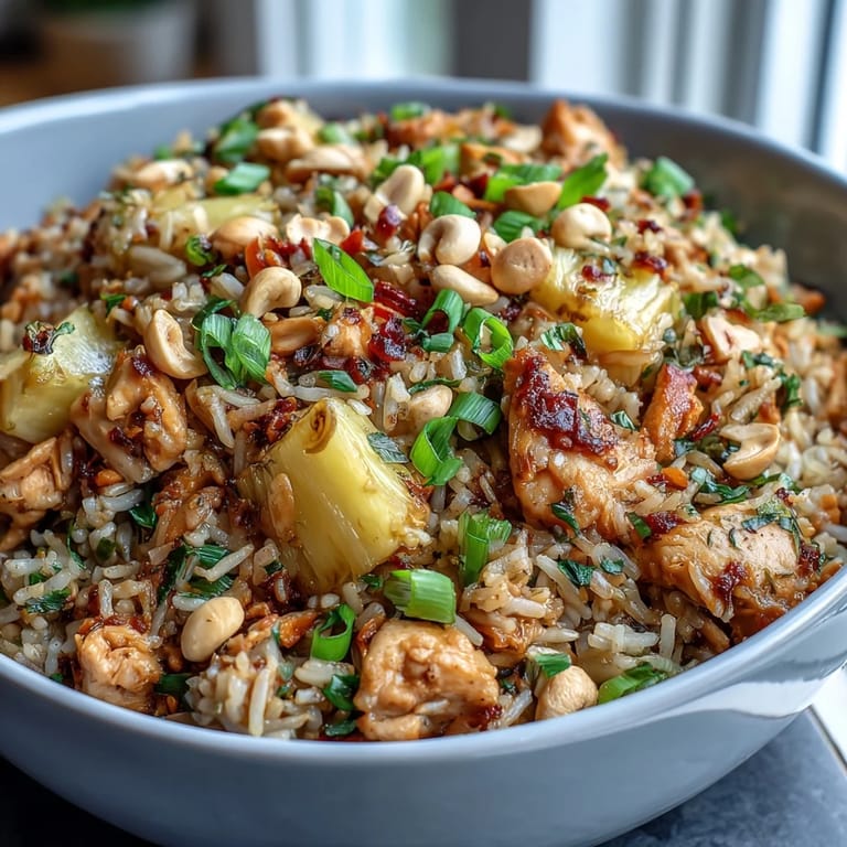 Colorful Hawaiian pineapple chicken fried rice featuring sweet pineapple chunks, diced chicken, and crisp bell peppers served in a large wok.