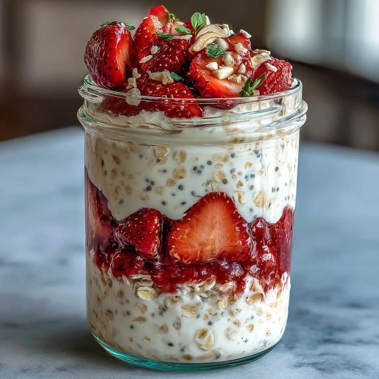 Velvety chia seed overnight oats topped with strawberries and banana, a wholesome, gluten-free breakfast option.