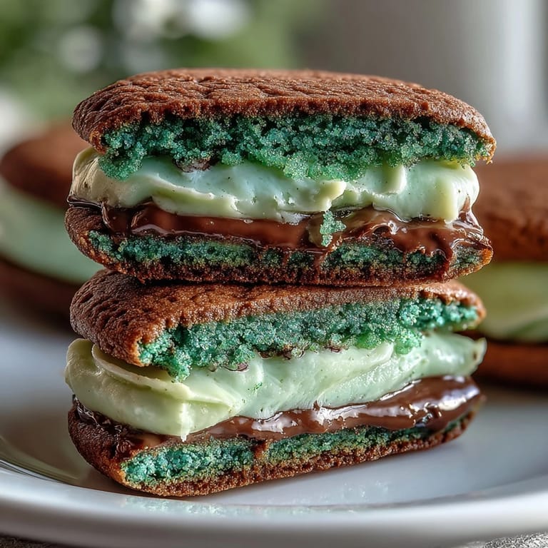 Festive St. Patricks Day dessert: soft green sugar cookies with fluffy vanilla filling and sparkling sugar coating.
